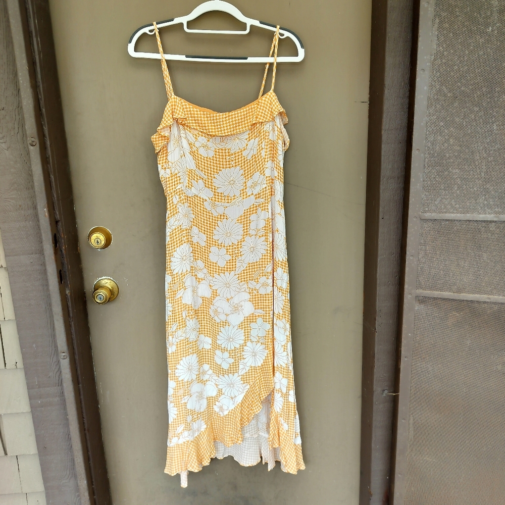 Le Lis Yellow Orange Floral Plaid Spaghetti Strap Dress with High Low Ruffle Hem